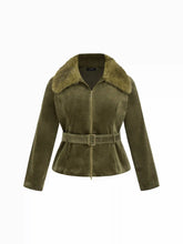 Corduroy Faux Fur Trim Collar Jacket With Belt Curve & Plus