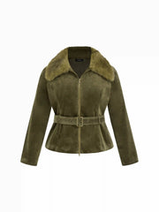 Corduroy Faux Fur Trim Collar Jacket With Belt Curve & Plus