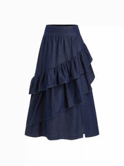 Washed Denim Mid Rise Ruffled Layered Split Maxi Flared Skirt