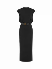 Round Neckline Split Straight Maxi Dress With Belt