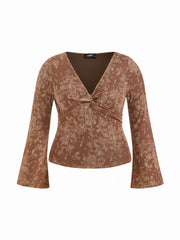 Mesh Paisley V-Neck Twist Knot Bell Sleeve Top Curve & Plus