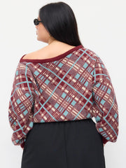 Knit Plaid Asymmetrical Neck Lantern Sleeve Top Curve & Plus