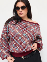 Knit Plaid Asymmetrical Neck Lantern Sleeve Top Curve & Plus