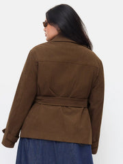 Corduroy Double Breasted Jacket With Belt Curve & Plus