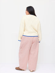 Cotton-blend Mid Rise Stripe Drawstring Barrel-leg Trousers Curve & Plus