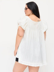 Cotton-blend Square Neck Ruffle Knotted Oversized Blouse Curve & Plus