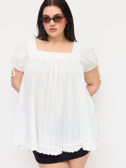 Cotton-blend Square Neck Ruffle Knotted Oversized Blouse Curve & Plus