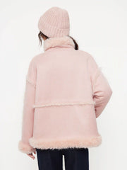Faux Shearling Belted Oversized Jacket With Faux Fur Trim