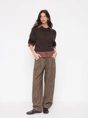 Wool-blend Mid Rise Houndstooth Barrel-leg Trousers