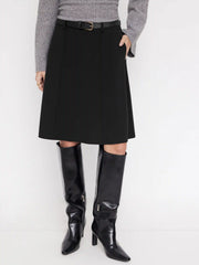 Mid Rise A-line Zipper Midi Skirt With Belt