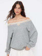 Terry Off-Shoulder Lace Trim Oversized Sweatshirt