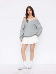 Terry Off-Shoulder Lace Trim Oversized Sweatshirt