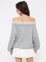 Terry Off-Shoulder Lace Trim Oversized Sweatshirt