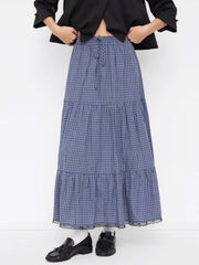 Cotton-blend Mid Rise Plaid Lace Trim Drawstring Tiered Maxi Skirt