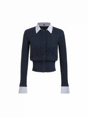 Cable Knit Striped Collar Two Tone Cardigan