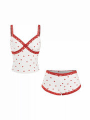 Heart Graphic V-Neck Cami Top & Mid Rise Lace Trim Shorts Loungewear Set