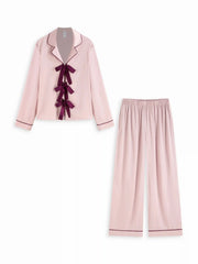 Collar Bowknot Long Sleeve Top & Mid Rise Straight Leg Trousers Loungewear Set