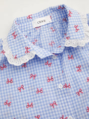 Cotton-blend Gingham Broderie Anglaise Oversized Top & High Rise Lettuce Trim Wide Leg Trousers Loungewear Set