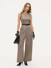 Houndstooth Boat Neck Zipper Wide Leg Jumpsuit With Belt