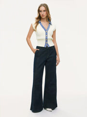 Knit V-Neck Metal Button Denim Contrasting Binding Vest