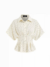 Chiffon Polka Dot Ruched Cinched Waist Batwing Sleeve Blouse