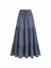 Cotton-blend Mid Rise Plaid Lace Trim Drawstring Tiered Maxi Skirt