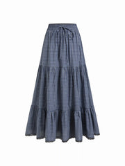 Cotton-blend Mid Rise Plaid Lace Trim Drawstring Tiered Maxi Skirt