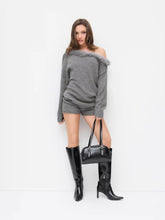 Knit Asymmetrical Neck Faux Fur Trim Oversized Top & Mid Rise Shorts Set