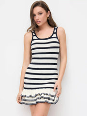 Knit Striped U-neckline Ruffle Hem Mini Tank Dress