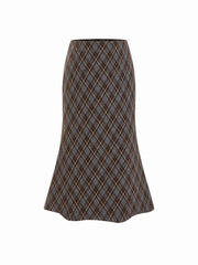 Mid Rise Plaid Half Zip Pencil Midi Skirt