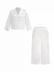 Satin Collar Lace Oversized Top & High Rise Wide Leg Trousers Loungewear Set