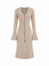 Knit V-Neck Button Front Bell Sleeve Midi Dress