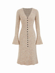 Knit V-Neck Button Front Bell Sleeve Midi Dress