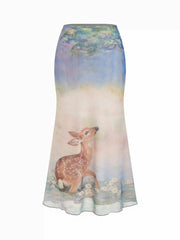 Mesh Oil Painting Mid Rise Lettuce Trim Mermaid Maxi Skirt