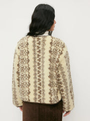Fleece Pattern Two Tone Oversized Jacket With Quilted Patched Pocket