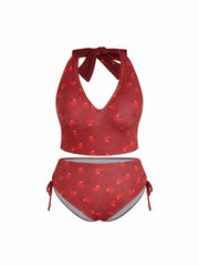 Halter Floral Drawstring Full Coverage Tankini Bikini Set Curve & Plus