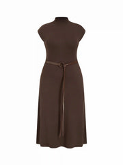 Knit High Neck A-line Maxi Dress With Belt Curve & Plus