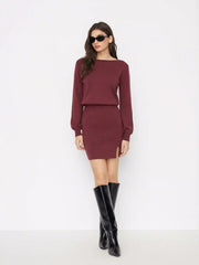 Knit Boat Neck Long Sleeve Split Mini Dress