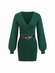 Knit V-neck Mini Dress With Belt