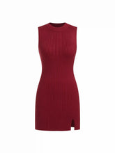 Knit Round Neckline Solid Split Mini Dress