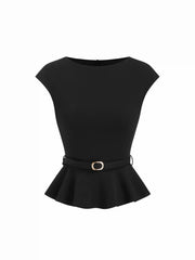 Boat Neck Belted Ruffle Hem Metal Detail Peplum Top