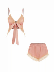 V-neck Bowknot Asymmetrical Hem Cami Top & Low Rise Lace Trim Shorts Loungewear Set
