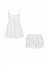 Square Neck Lace Bowknot Oversized Top & Mid Rise Ruffled Shorts Set