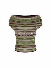 Knit Striped Pointelle Off-Shoulder Short Sleeve Top