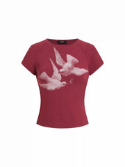 Bird Graphic Cotton Raglan Sleeve Crop Tee