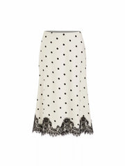 Satin Mid Rise Polka Dot Lace Trim A-line Midi Skirt
