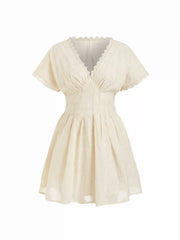 Cotton V-neck Batwing Sleeve Eyelet Flared Mini Dress
