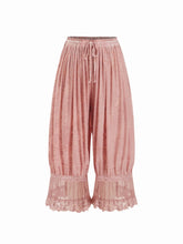 Velvet Floral Lace Trim Drawstring Cropped Bloomer Pants
