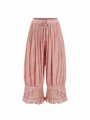 Velvet Floral Lace Trim Drawstring Cropped Bloomer Pants