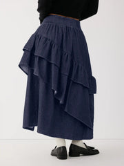 Washed Denim Mid Rise Ruffled Layered Split Maxi Flared Skirt